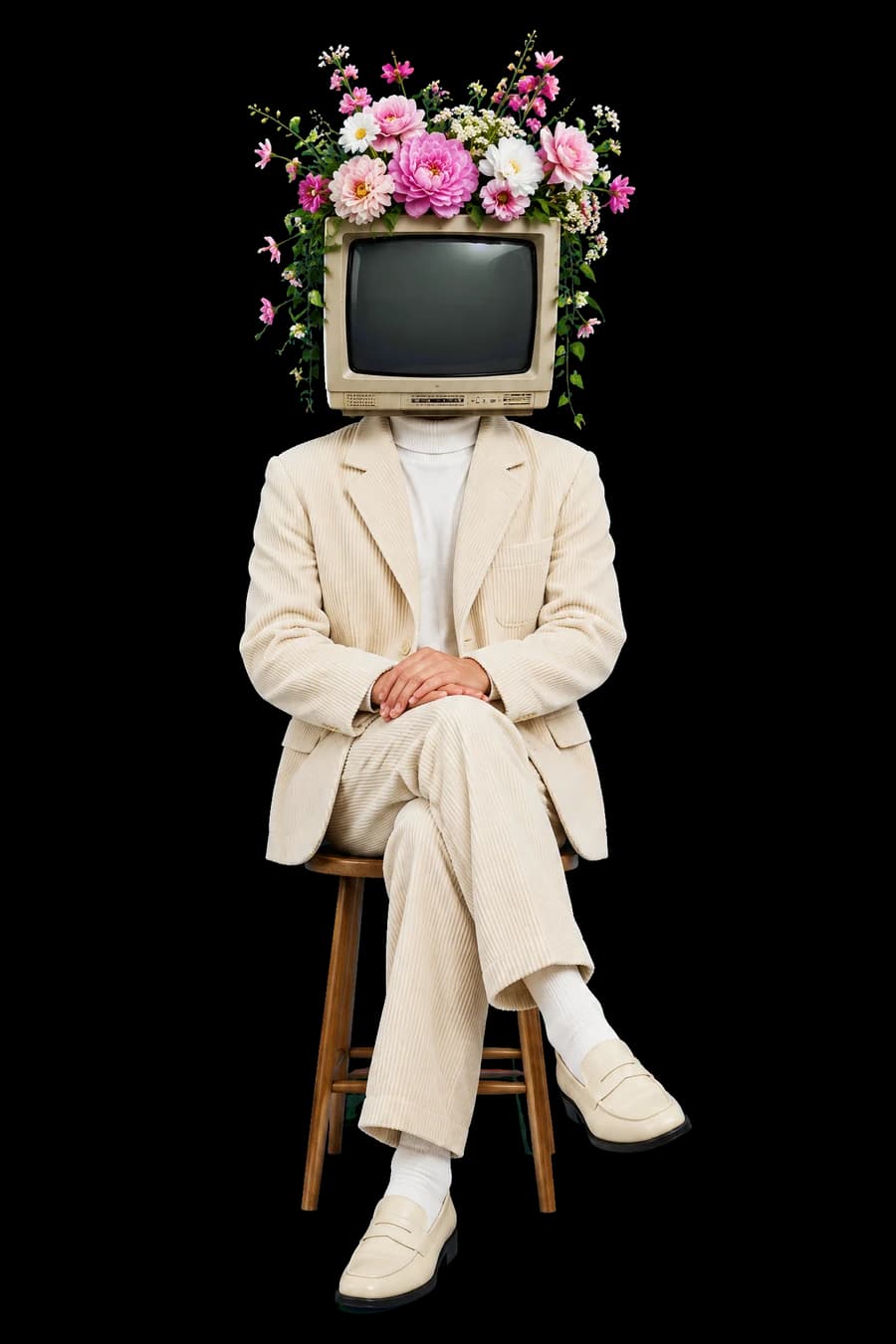 Cyber-oracle figure with a CRT monitor head crowned in flowers, seated on a stool